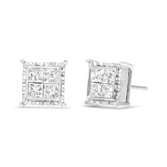 14K White Gold 1 1/2 Cttw Invisible Set Princess-Cut Diamond Contemporary Wavy Quad Stud Earrings (I-J Color, I1-I2 Clarity)