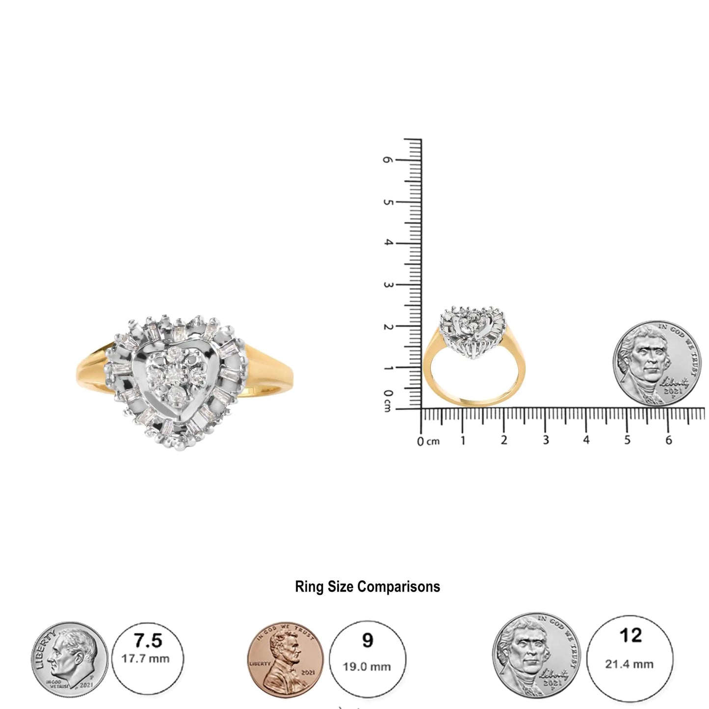 10K Yellow Gold 1/4 Cttw Round and Baguette cut Diamond Heart Shape Ballerina Ring (H-I Color, I1-I2 Clarity)