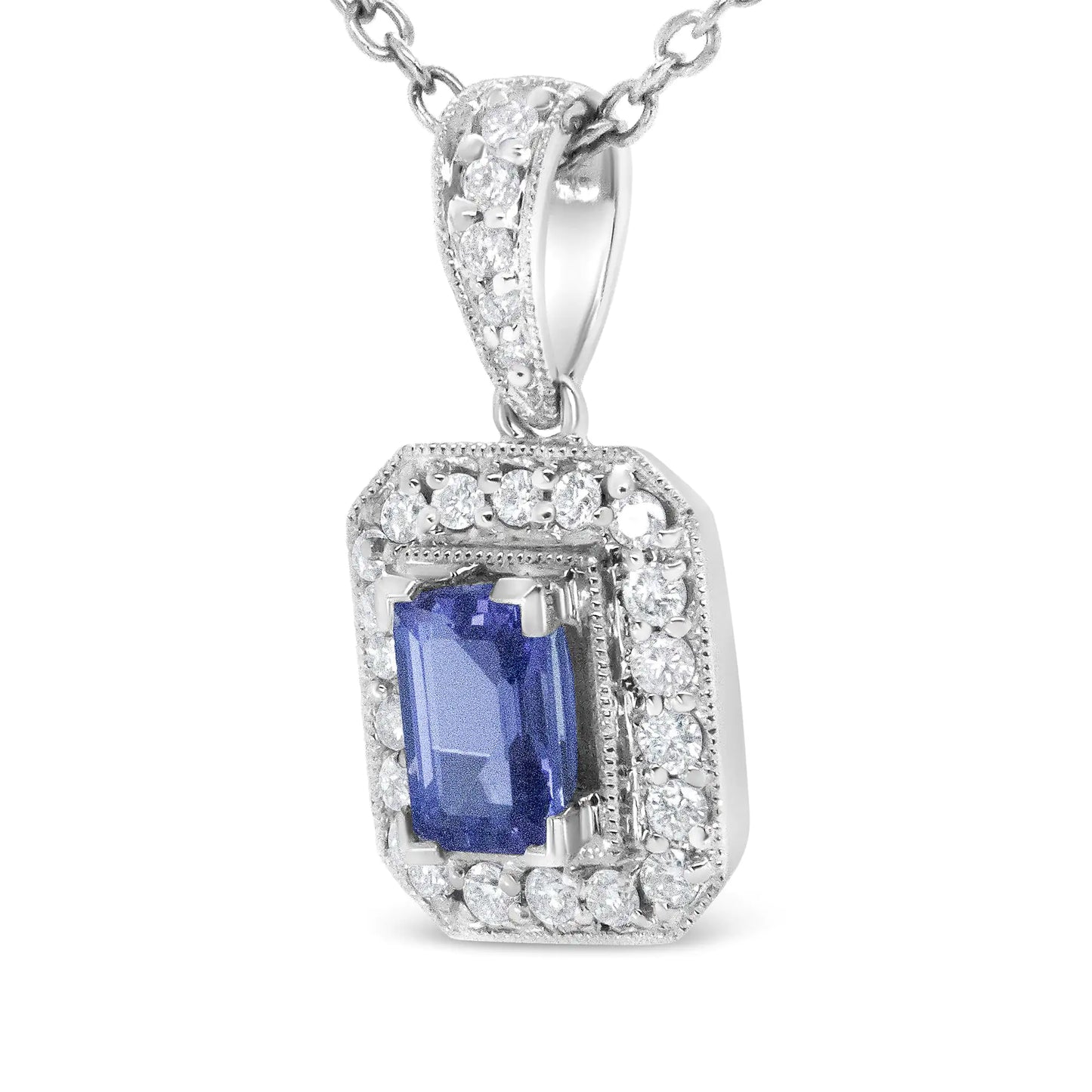 18K White Gold 1/4 Cttw Round Diamond and 6x4mm Purple Tanzanite Halo 18" Pendant Necklace (H-I Color, VS1-VS2 Clarity)