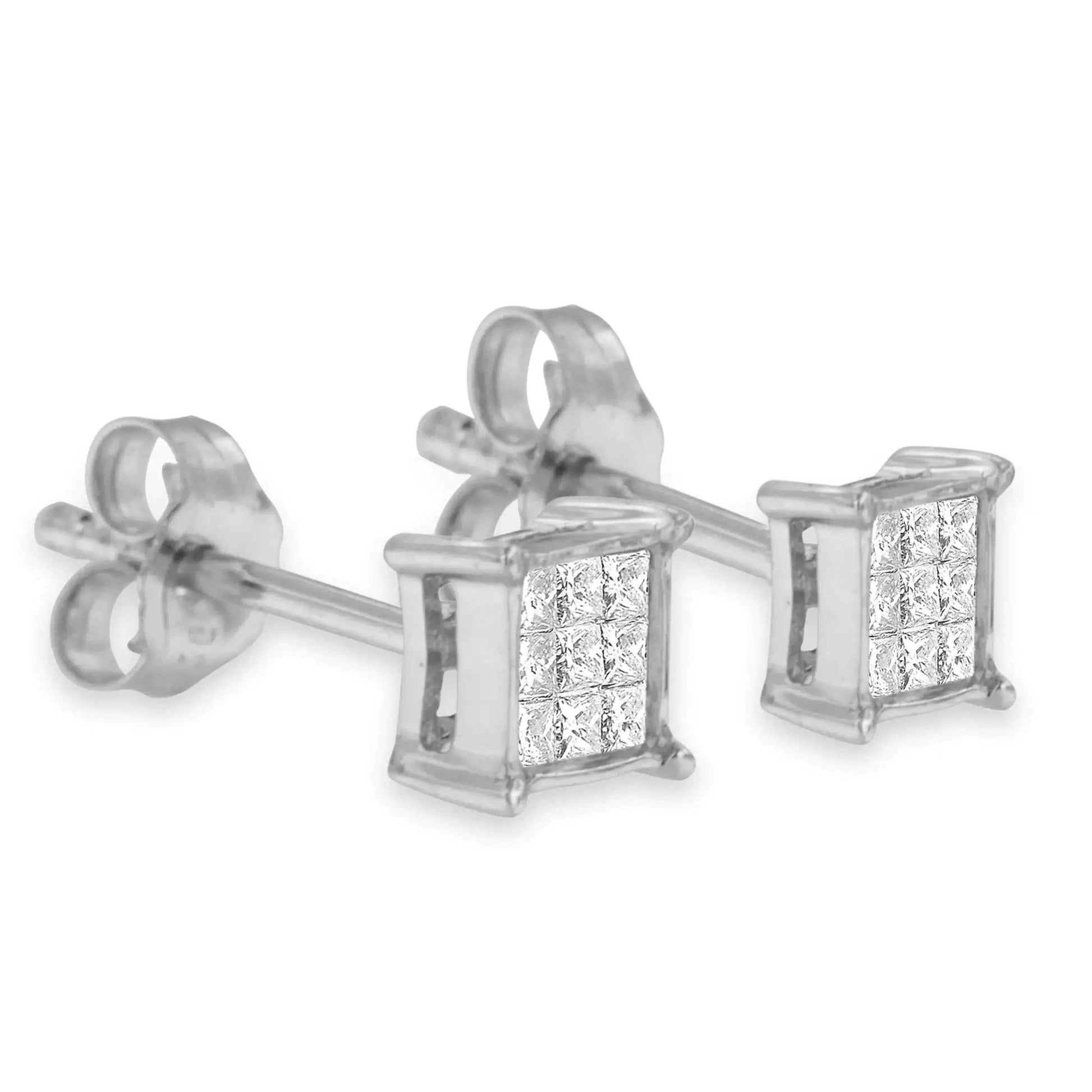 Sterling Silver Multi-stone Princess-cut Diamond Stud Earring (0.2 cttw, H-I Color, I1-I2 Clarity) - Carat&Crown