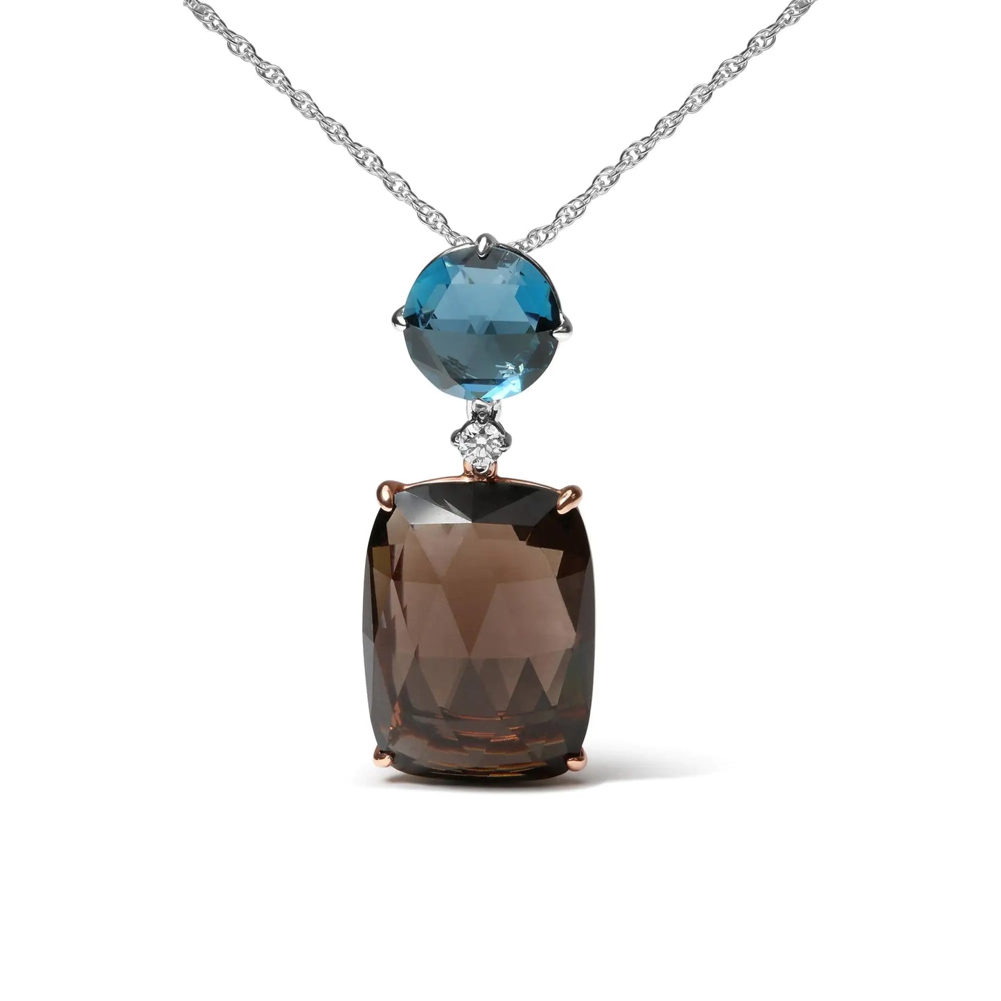 18K Rose and White Gold Diamond Accent and London Blue Topaz and Cushion Cut Smoky Quartz Gemstone Dangle Drop 18" Pendant Necklace (G-H Color, SI1-SI2 Clarity)