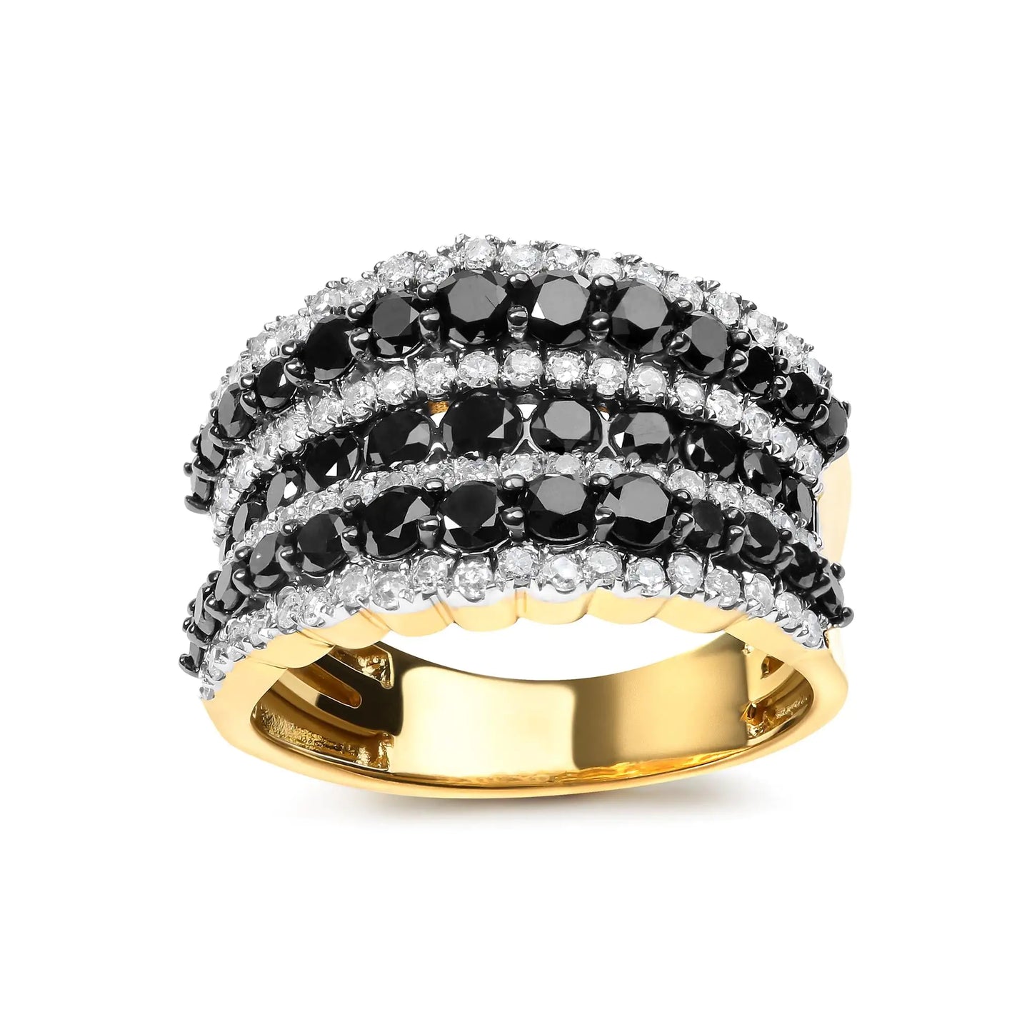 14K Yellow Gold Plated .925 Sterling Silver 1 3/4 Cttw Treated Black and White Alternating Diamond Multi Row Band Ring (Black / I-J Color, I2-I3 Clarity)