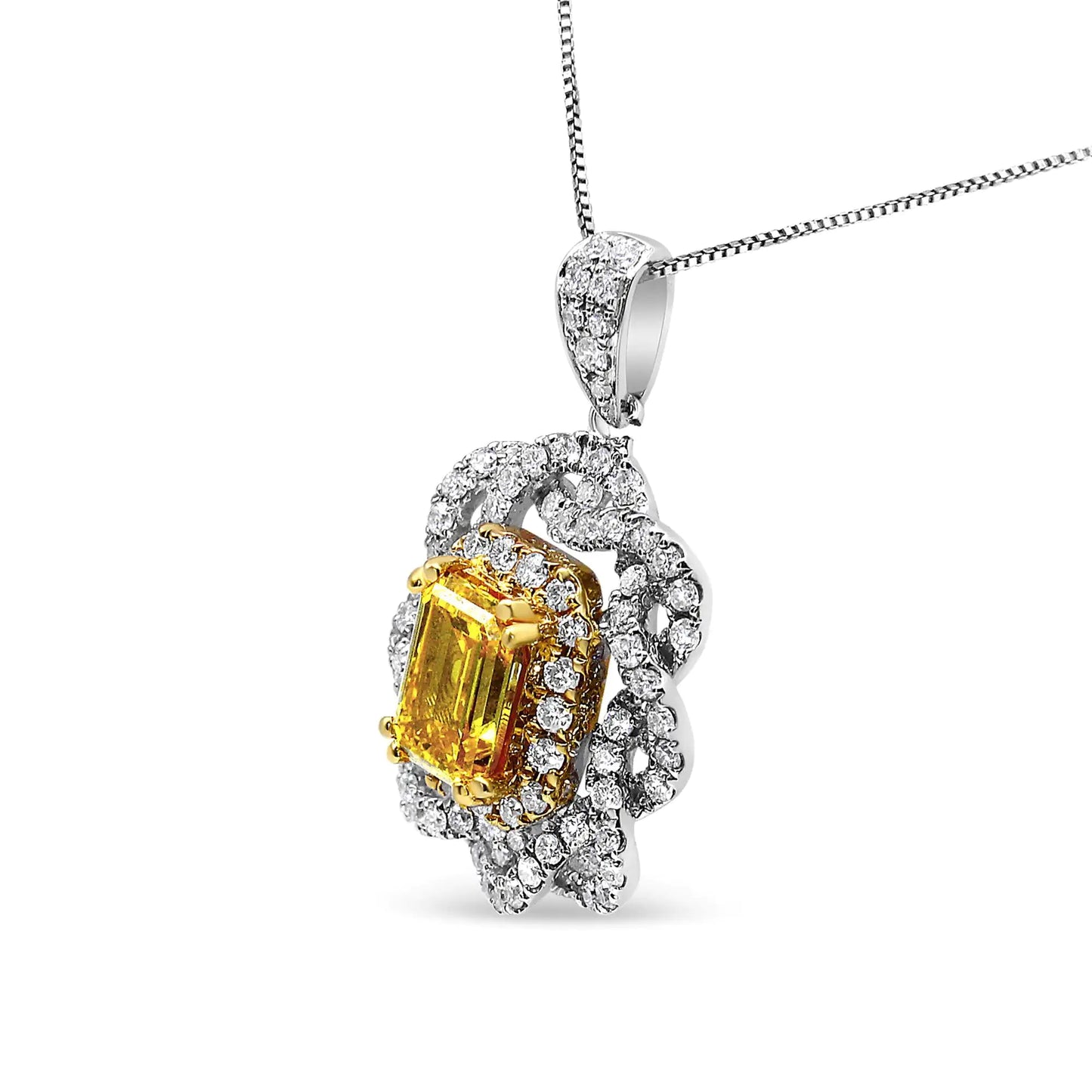 18K Yellow and White Gold 1.75 Cttw Diamond Lab Grown Treated Yellow Emerald Center Diamond Halo 18" Pendant Necklace (Yellow/G-H Color, VS1-VS2 Clarity)