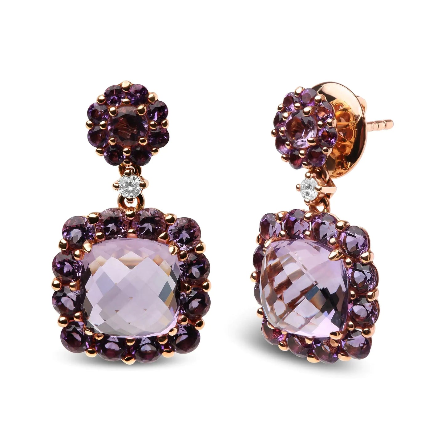 18K Rose Gold Diamond Accent and Pink and Purple Amethyst Gemstone Halo Dangle Drop Earrings (G-H Color, SI1-SI2 Clarity)