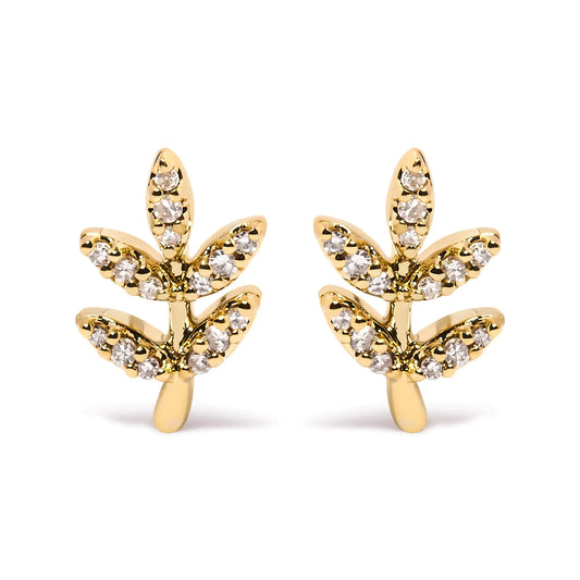 10K Yellow Gold 1/10 Cttw Diamond Accented Leaf and Branch Stud Earrings (H-I Color, I1-I2 Clarity)